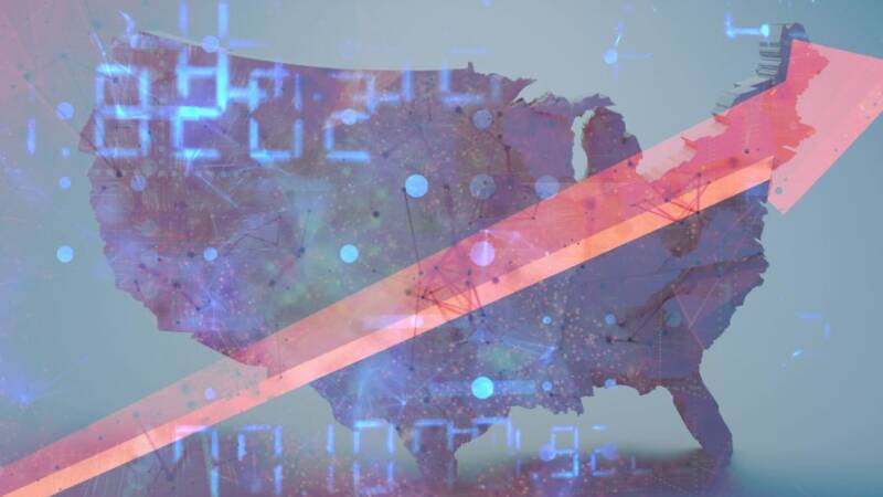 Dark blue digital map of United States with red arrow ascending through it.